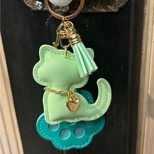 Mint Green PU Leather Cat Keychain,Bag Charm w Gold Accents & Turquoise Paw